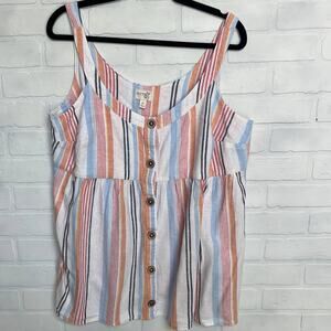 Terra & Sky White Linen Blend Striped Peplum Waist Sleeveless Top Blouse -14 W